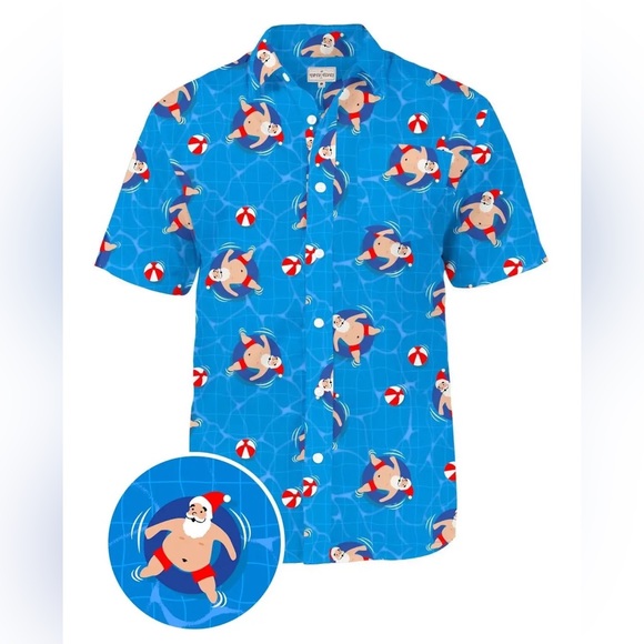 Tipsy Elves Christmas Pool Boy Santa Hawaiian Ugly Christmas Collared Shirt - Picture 6 of 7